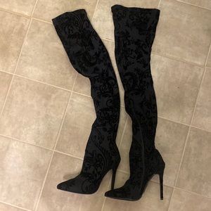 Velvet floral design thigh high boots